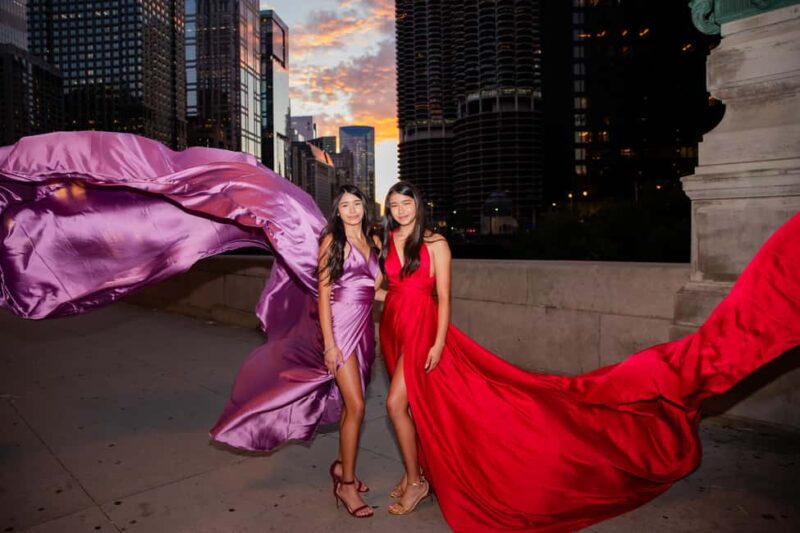 Chicago Luxury Flying Dress Photoshoot - Choosing Your Vibrant Dress: Red or Green Flows for Maximum Impact