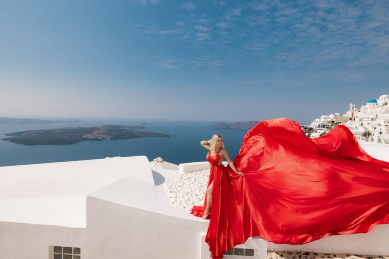 Flying dress Photoshoot in Santorini with Hotel Pickup - High-Quality Photos and Fast Delivery
