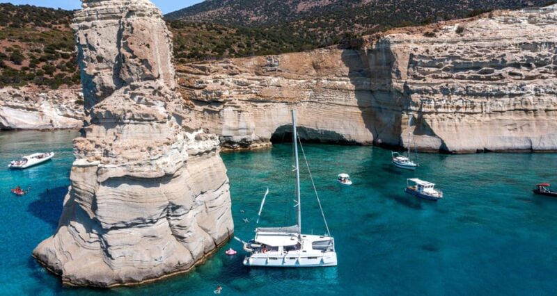 Milos: Kleftiko Sunset Catamaran Cruise with Meal & Drinks - Starting Point at Adamantas Port