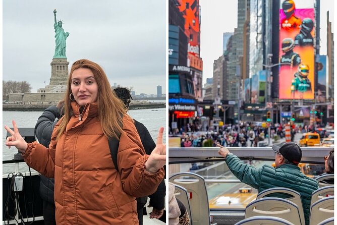 NYC Night Bus Sightseeing Tour with Free Statue of Liberty Cruise - Key Points