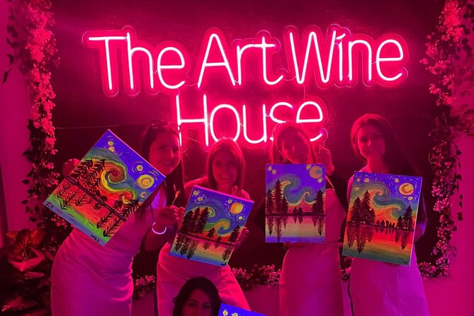 Paint a neon fluorescent picture while drinking unlimited wine - Key Points