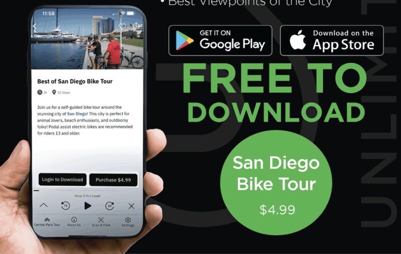 San Diego: Self-guided Bike Tour App - Audio + Written - Exploring Food and Restroom Locations in Balboa Park