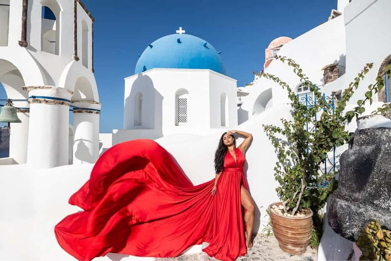 Santorini: Flying Dress Photoshoot **Dress Included** - Experience the Magic of Santorini with a Flying Dress Photoshoot