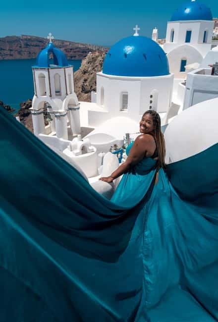 Santorini: Flying Dress Photoshoot Private Entry to Blue Dom - Unique Santorini Flying Dress Photoshoot with Private Blue Domes Entry