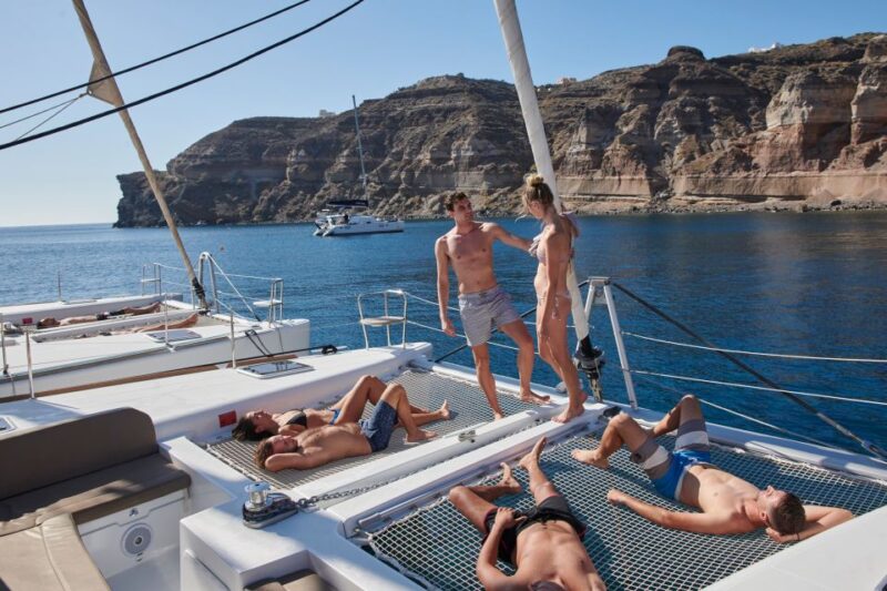 Santorini: Platinum Catamaran Cruise w/ BBQ Meal & Open Bar - Frequently Asked Questions