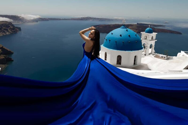 Santorini: Private Flying Dress Photoshoot at Blue Domes - Starting at the Iconic Buddha-Bar in Imerovigli