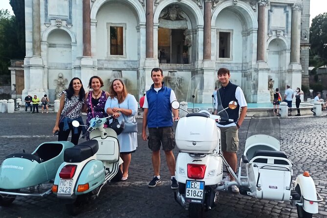 Vespa Sidecar Tour at Day/Night with Pickup - The Pyramid of Cestius and Aventine Hill Views